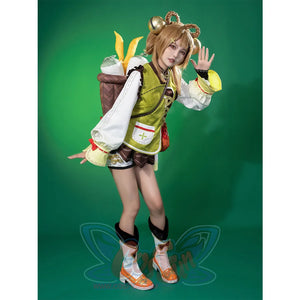 Genshin Impact Yaoyao cosplay vest anchors white embroidered cross pocket over ruffled blouse and gold-trimmed boots.