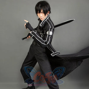Kirito cosplay coat sets black trench and silver trim against matching pants and a square-buckle belt.