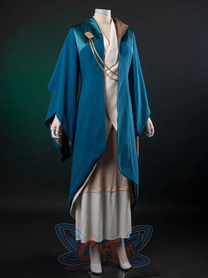 The Acolyte Mon Mothma cosplay outer robe anchors a wide collar and medallion chain over cream and white layered tunics.