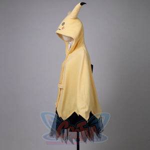 Profile view of yellow spark cute cape dress with pointed ear and jagged hemline design