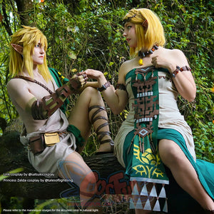 The Legend of Zelda Tears of the Kingdom Princess Zelda cosplay strapless dress balances patterned tassels.