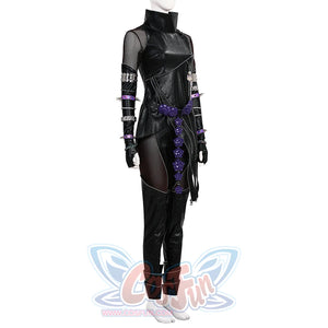 Side view of Mira cosplay costume killer black suit with black leather top, high collar, mesh panels, studded arm accessories, purple accents.