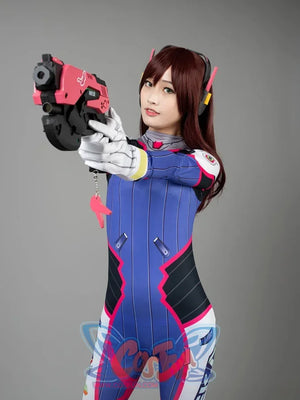 D.Va Hana Song Overwatch cosplay bodysuit balances pink patterned print with gloves and rabbit charm pistol.