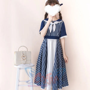 Summer Color Blocking Stripe Short-sleeved Dress - cosfun