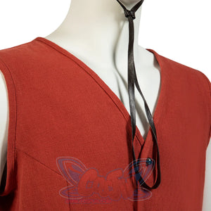 Japanese Anime Monkey D. Luffy cosplay top drops a dark cord detail down a V-neck burnt orange sleeveless vest.