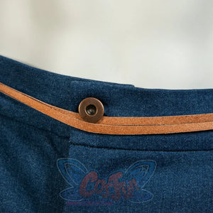 Japanese Anime Monkey D. Luffy cosplay shorts detail pairs blue denim fabric with a brown leather trim and metal button.