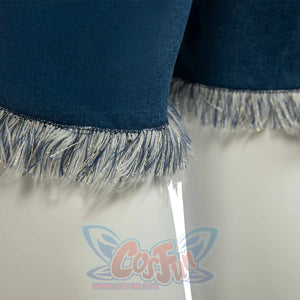 Japanese Anime Monkey D. Luffy cosplay shorts hem traces silver and blue fringe trim along both pant legs.