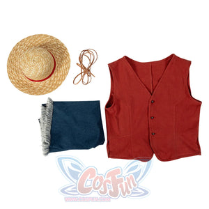 Japanese Anime Monkey D. Luffy cosplay set gathers a straw hat, red vest, frayed denim shorts, and brown cord.