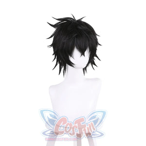 Naofumi Iwatani cosplay wig centers pronounced spiky layers above bold black bangs in frontal view.