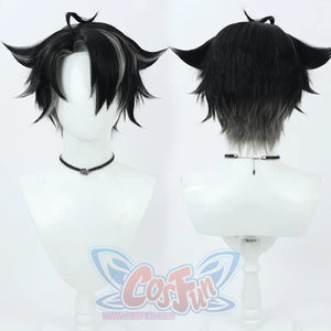 Genshin Impact Wriothesley cosplay wig pairs spiky black strands and white-highlighted tufts anchored by a silver floral.