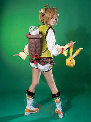 Genshin Impact Yaoyao cosplay costume pairs woven backpack and rabbit plush charm beside bell hair clip.