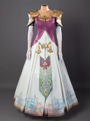 Twilight Princess Zelda cosplay dress centers blue-gem waist accent above patterned sash and white gauntlet sleeves.