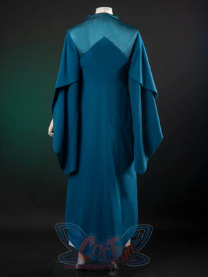 The Acolyte Mon Mothma cosplay robe traces a dark teal silhouette with a contrasting satin back yoke and high neck collar.
