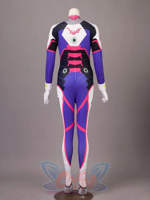 OW D.Va Hana Song cosplay plugsuit pairs a full-body patterned one-piece alongside matching white gloves.