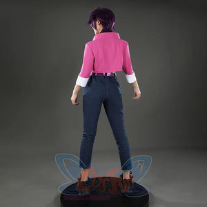 Fantastic Four Invisible Woman Susan Storm cosplay costume back view pairs pink jacket and white cuffs with dark frayed.