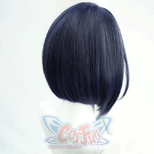 Genshin Impact Kujou Sara cosplay wig sets a deep navy blue short-styled cut with a sleek finish.