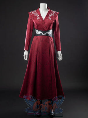 Rhaenyra Targaryen cosplay dress frames patterned white lapel embroidery over maroon fabric anchored by a silver-buckle belt.