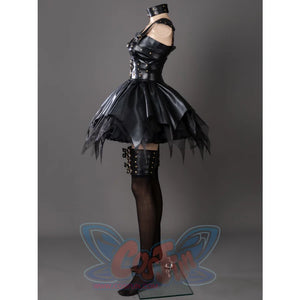 HORROR BISHOUJO Edward Scissorhands cosplay dress traces jagged tulle trim with gold-detailed studded faux leather harness.