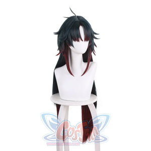 Honkai: Star Rail Blade cosplay wig balances dark teal styling over black base tones in a medium silhouette.