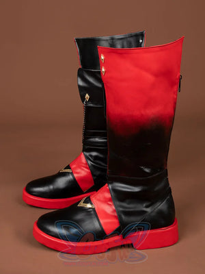 Genshin Impact Tartaglia Childe cosplay knee-high boots tracing a red and black gradient anchored by gold studs and thick.