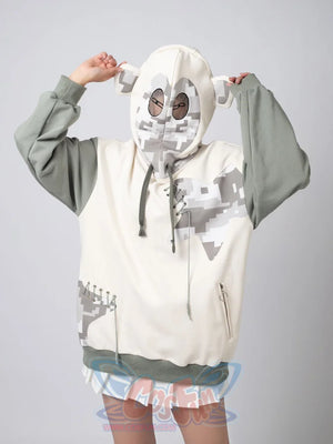 Fun pose in gorilla Full Zip Hoodie with hood pulled up, displaying pixelated gorilla face on white body