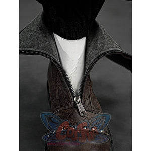 Final Fantasy VII Rebirth FF7R Cloud Strife cosplay boot detail layers a grey flannel cuff against a distressed brown upper.