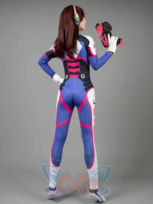OW D.Va Hana Song cosplay suit balances blue white and pink panels alongside matching gloves and a prop gun.