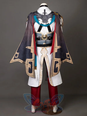 Honkai: Star Rail Jing Yuan cosplay back view balances a dark patterned cape over a blue waist wrap and red trousers.