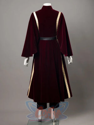 Halloween Padme Amidala cosplay robe drapes maroon velvet cloak over a clean black belt anchored at the waist.