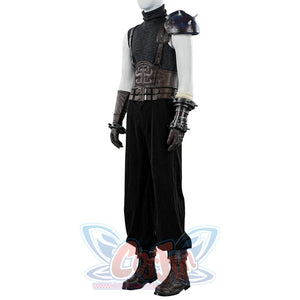Final Fantasy VII Rebirth FF7R Cloud Strife cosplay costume pairs shoulder armor over a ribbed sleeveless sweater.