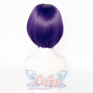 Raven Rachel Roth cosplay wig gathers into a clean short purple bob at the back.