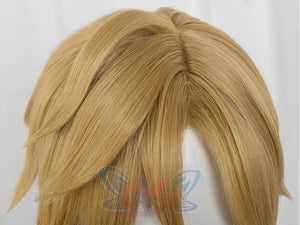 The Legend of Zelda Tears of the Kingdom Link cosplay wig centers a top-down view of the blonde parting and layered crown.
