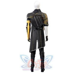 Clair Obscur: Expedition 33 Gustave cosplay costume sets backpack against gold-trim coat and yellow sash.