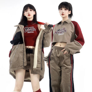 Khaki Striped Velvet Patchwork Slim Skirt Pants Sweater Suit S22429