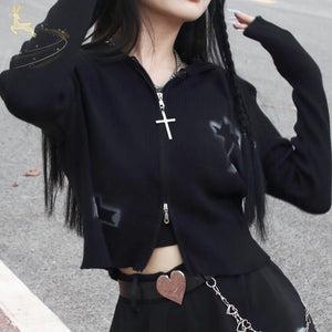 Punk Long Sleeve Figure Cardigan Rock Goth Inkjet Cross Knit Jacket - cosfun