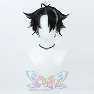 Genshin Impact Wriothesley cosplay wig sets spiky black-and-white fiber beside a black choker centered by a flower pendant.