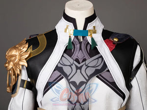 Honkai: Star Rail Jing Yuan cosplay jacket frames a high collar above intricate chest patterns and sculpted shoulder armor.
