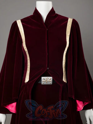Halloween Padme Amidala cosplay tunic frames flared sleeves in gold embroidered trim against a hot pink inner lining.