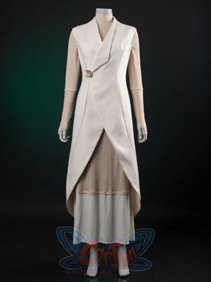 The Acolyte Mon Mothma cosplay vest balances a white sleeveless split-front piece and gold buckle over a cream pleated long.