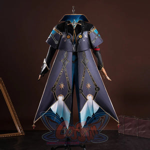 Honkai: Star Rail Anaxagoras Anaxa cosplay capelet traces gold trim over celestial-symbol skirt panels in dark purple and.