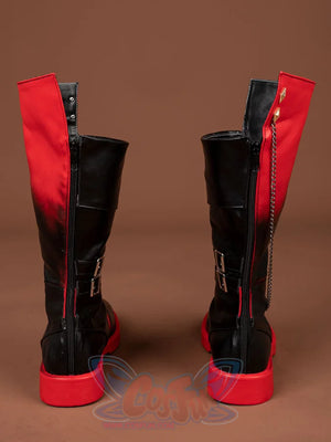 Genshin Impact Tartaglia Childe cosplay knee-high boots pairing side zippers and back buckles with silver chain and gold.