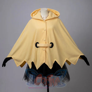 Front view of yellow spark cute cape dress with hood and button closure details visible