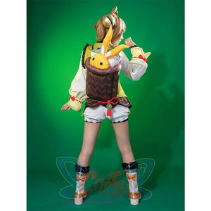 Genshin Impact Yaoyao cosplay outfit balances off-shoulder blouse and green tunic vest against woven basket backpack.