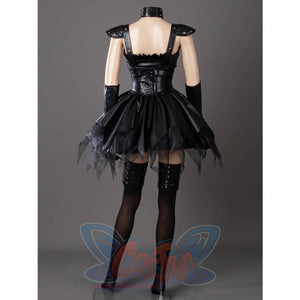 HORROR BISHOUJO Edward Scissorhands cosplay costume back view balances studded dress collar with arm covers and stockings.