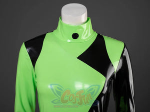 Kim Possible Shego cosplay bodysuit traces a high-neck long-sleeve silhouette in green and black.