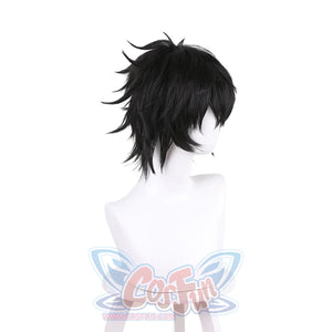 Naofumi Iwatani cosplay wig anchors long choppy bangs across a spiked black layered side angle.