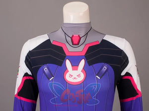 D.Va Hana Song Overwatch cosplay costume centers multi-colored printed suit top in a close detail view.