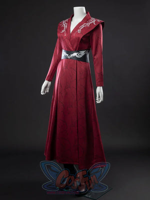 Rhaenyra Targaryen cosplay robe traces silver trim along the collar and balances a black sash centered by a silver motif.