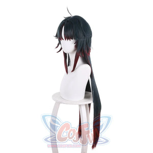 Honkai: Star Rail Blade cosplay wig drops a long straight ponytail past the waist anchored by deep red layered bangs.