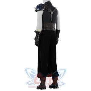 Final Fantasy VII Rebirth FF7R Cloud Strife cosplay rear view frames a single blue pauldron against a grey ribbed top.